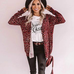Shop Impressions Size Small Wine Red Leopard Cardigan Sweater